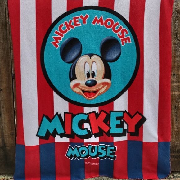 Vintage Disney Mickey Mouse Fleece Throw Blanket  47" x 58"  Carnival Stripe - Picture 2 of 9